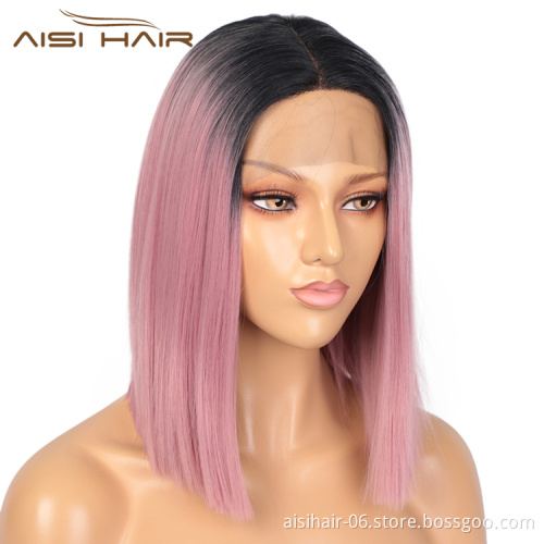 Aisi Hair Wholesale Short Ombre Pink Dark Root Bob Wig Swiss Lace Wig Cosplay Synthetic Lace Front Wigs For Black White Women
